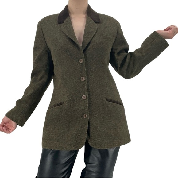 Vintage Mikko Jacket Tweed Velvet Trim Wool Green Women’s Size 42 - Picture 1 of 14